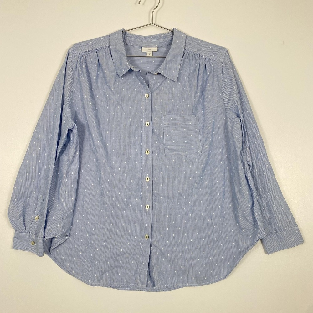 J Jill Shirt Womens XL Blue White Dot Stripe Long Sleeve Button Front Top Cotton